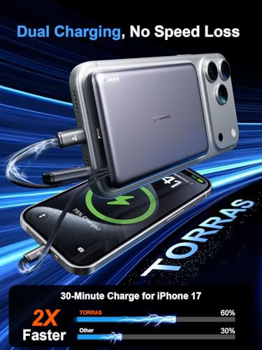 Image of TORRAS AirVolt Portable Charger,0.5 inch Ultra-Slim 10000mAh Power Bank, 22.5W Fast Charging Phone Battery Pack with 2 USB-C Cables, Travel Essentials for iPhone 17 Pro Max /17 /16 /15, Samsung, Google