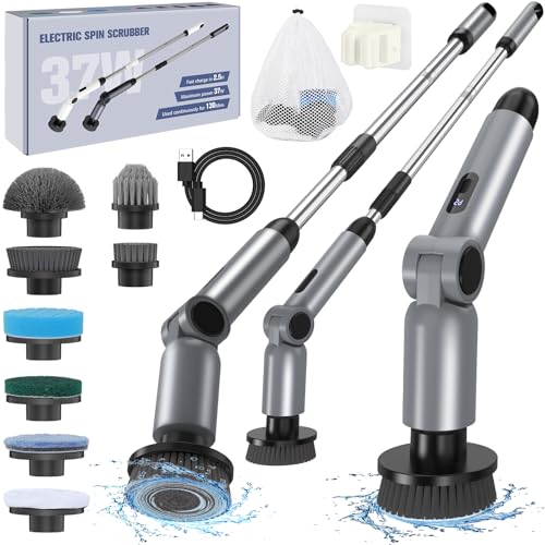 Homtronics Cepillo De Limpieza EléCtrico, [4 ángulos Ajustables] [Pantalla de Batería] Fregadora Giratoria Eléctrica with 8 Cepillo Reemplazables, 450RPM de Alta Potencia para Baño, Cocina, Coche