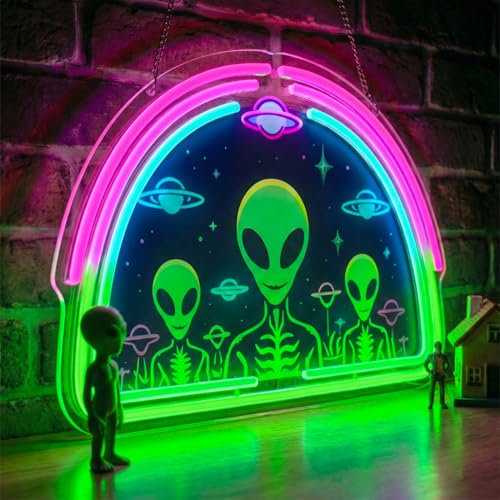 Image of Alien Neon Sign,Neon Signs for Wall Decor,Space UFO LED Neon Light Wall Decor for Game Room,Mancave,Dorm & Party,Dimmable USB Powered Neon Wall Art Aesthetic for Teens,Gamers & Sci-Fi Lovers
