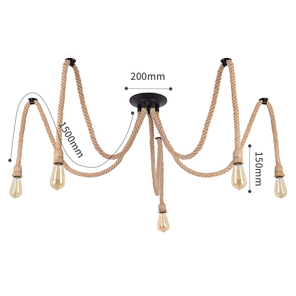 MAXDUYU Lampadario a Sospensione Industriale,5 Teste, Corda di Canapa E27 per Soggiorno,Cucina,Sala da Pranzo,Bar,Caffè, Ristorante
