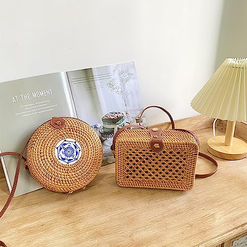 IKASEFU Bolsa de vime para mulheres com alças de couro natural chique bolsa transversal círculo, qua