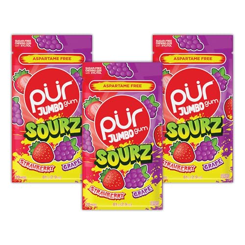 Image of PUR Jumbo Gum, Sour Strawberry & Grape, Xylitol Gum, 60 Count (3x20)