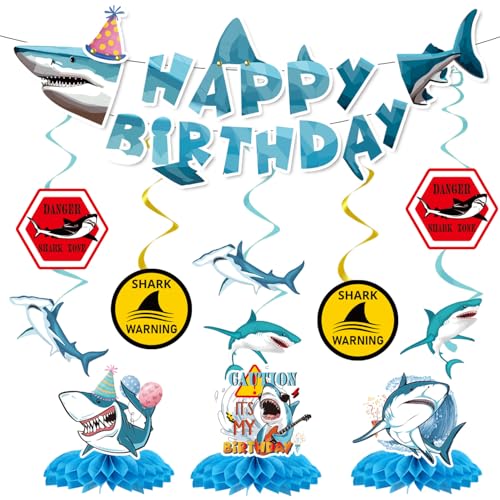 Image of Shark Birthday Party Decorations, 13Pcs Shark Banners Hanging Swirl Birthday Honeycomb Centerpiece, Under The Sea Themed Party Decorations for Boys