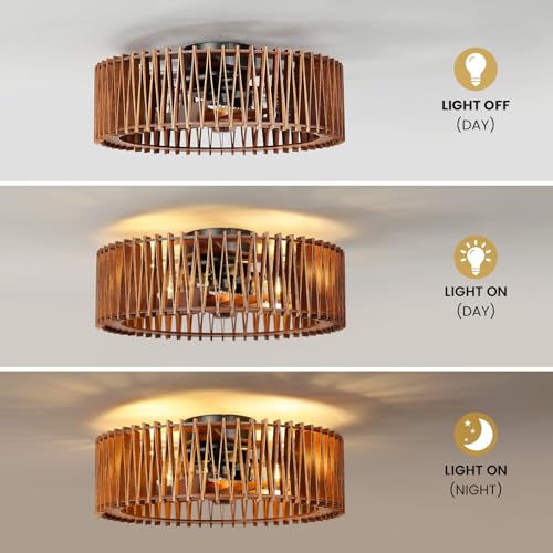 Image of 20 inch Flush Mount Caged Ceiling Fan with Light, Farmhouse Low Profile Ceiling Fan with Remote, Wooden Fandelier 6 Speed Quiet DC Motor, Reversible Chandelier Ceiling Fan for Bedroom Kitchen Living Room