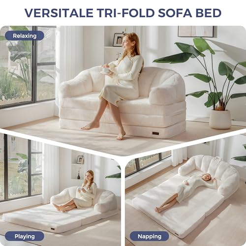 Image of MAXYOYO Folding Sofa Bed, 2 in 1 Convertible Sofa to Lounger Comfy Loveseat Bean Bag Chair for Adults, Floor Couch with Handle, Faux Fur Couch Bed for Living Room Bedroom, Beige, Loveseat
