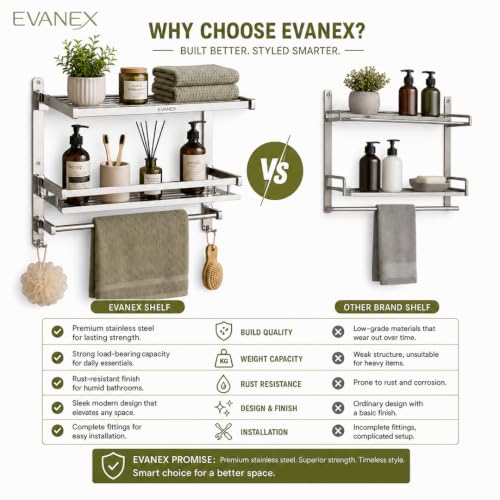 Image of EVANEX 3 Layer Folding Shelf for Bathroom 304 Grade Stainless Steel Bathroom Racks and Shelves Wall Mounted Multipurpose Shelf Bathroom Accessories Set
