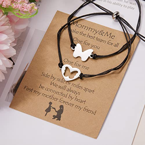 Image of Mother and Daughter Bracelet Set Heart butterfly Round Star Pedant Bracelet Stainless steel matching bracelets with Message Card Gifts Jewelry for Mothers Day Gifts for Mom from Daughters, Leather,