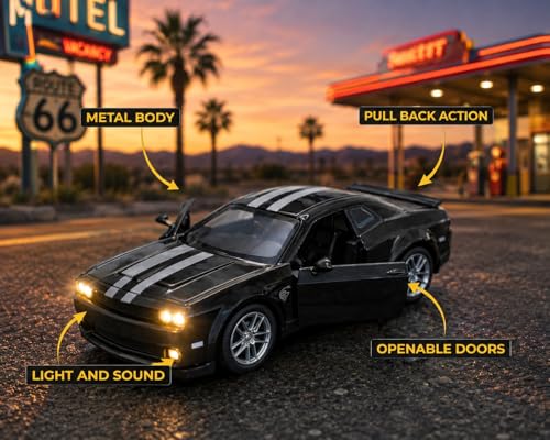 Image of Dodge Challenger SRT Hellcat Diecast Toy Car 1:36 Scale Pull Back Model Car with Sound & Lights, Openable Doors & Hood, Zinc Alloy Metal Muscle Car for Kids Boys Collectors