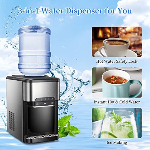 Water Dispenser For 5 Gallon Bottle, Top Loading Water Cooler With Built-In Ice Maker, Ice, Cold & Hot,12 Cubes/8Mins,Child-Safety Lock, Led Display,Stainless Steel #TOP1