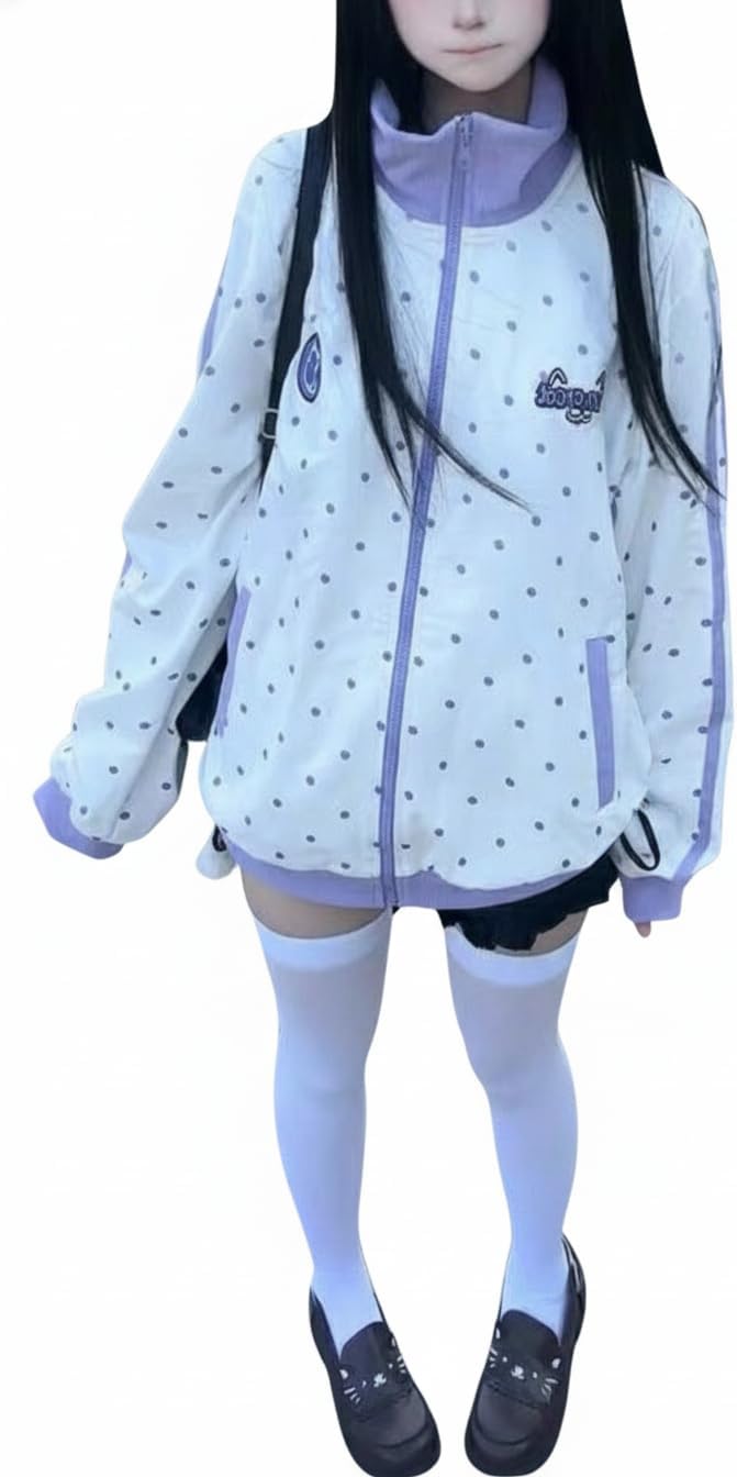 Women's Y2K Kawaii Zip Up Track Jacket Cute Harajuku Graphic Japanese Streetwear Stand Collar Oversized Top