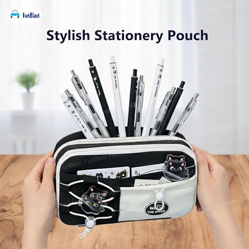 Image of FunBlast Pencil Pouch for Girls - Aesthetic Multi-Compartment Zipper Pouch with Drawstring Pocket, Cute Kawaii Pencil Case, Stylish Stationery Pouch, Return Gift for Kids & School Use (Black2)