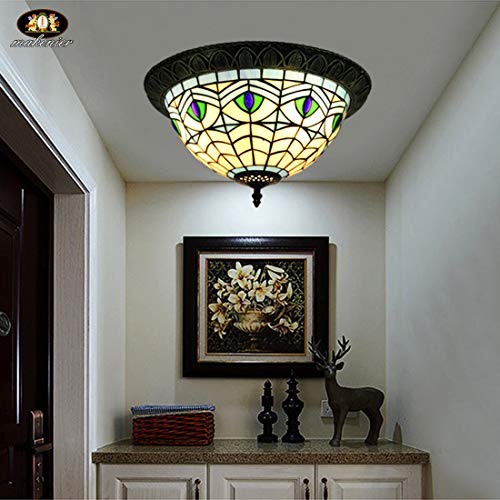 Makenier Vintage Tiffany Mediterranean Style Stained Glass Blue Peacock Feathers Flush Mount Ceiling Light Fixture, 12 Inches Lampshade #TOP1