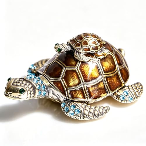 Waltz&F Turtle Trinket Jewelry Box with Sparkling Light Green Crystals,Hinged Trinket Box Hand-painted Figurine Collectible Ring Holder