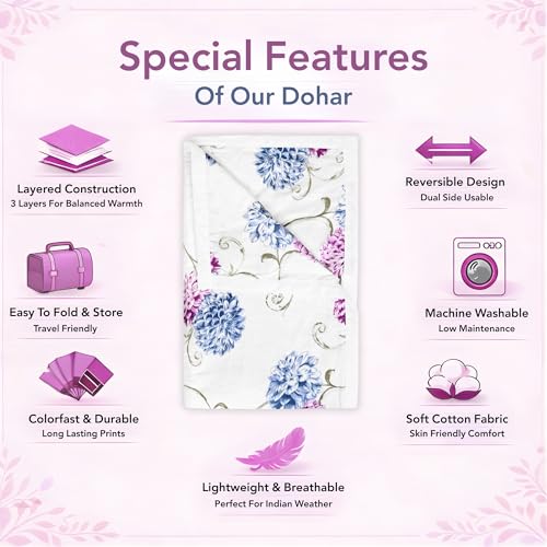 Image of Divine Casa Cotton Dohar for Double Bed 220 x 205 cm, 120 GSM Lightweight Summer Blanket, Soft Breathable AC Quilt, Reversible Cooling Comforter for All Seasons