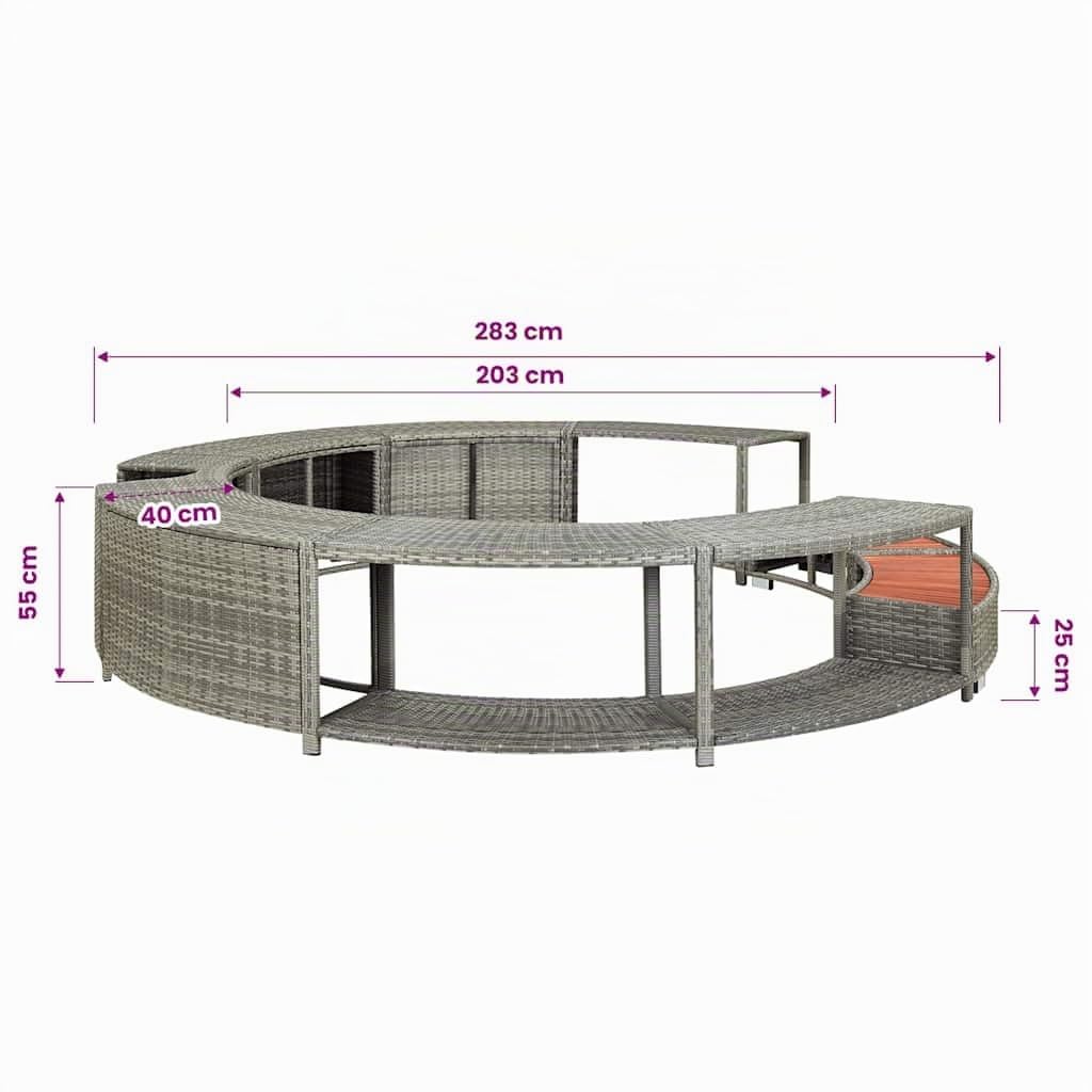 vidaXL Whirlpool Umrandung mit Stauraum Rund Poolumrandung Poolverkleidung für Spa Grau Poly Rattan Stahlrahmen Eukalyptus-Hartholz
