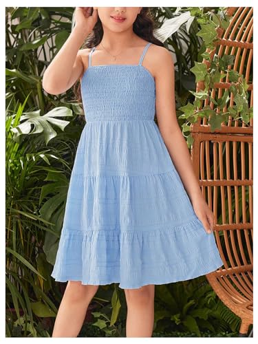 WDIRARA Girl's Summer Ruched Shirred Ruffle Hem A Line Cami Dress High Waist Flared Solid Short Dresses4