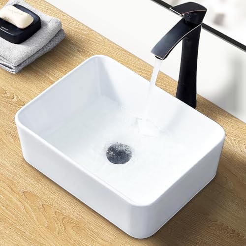 Bathroom Vessel Sink Above Counter, VAPSINT 16x12 Inch White Rectangular Ceramic Vanity Sink, Modern...
