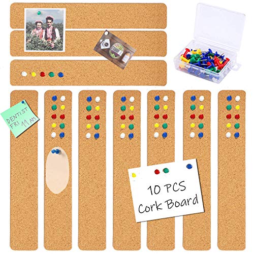 10PCS Cork Bulletin Bar Strip with 40 PCS Push Pins - Sisenny Felt Bulletin Board Bar Strip Set Board Memo Strip for Office, School, Home Decor (10 x 1.5)
