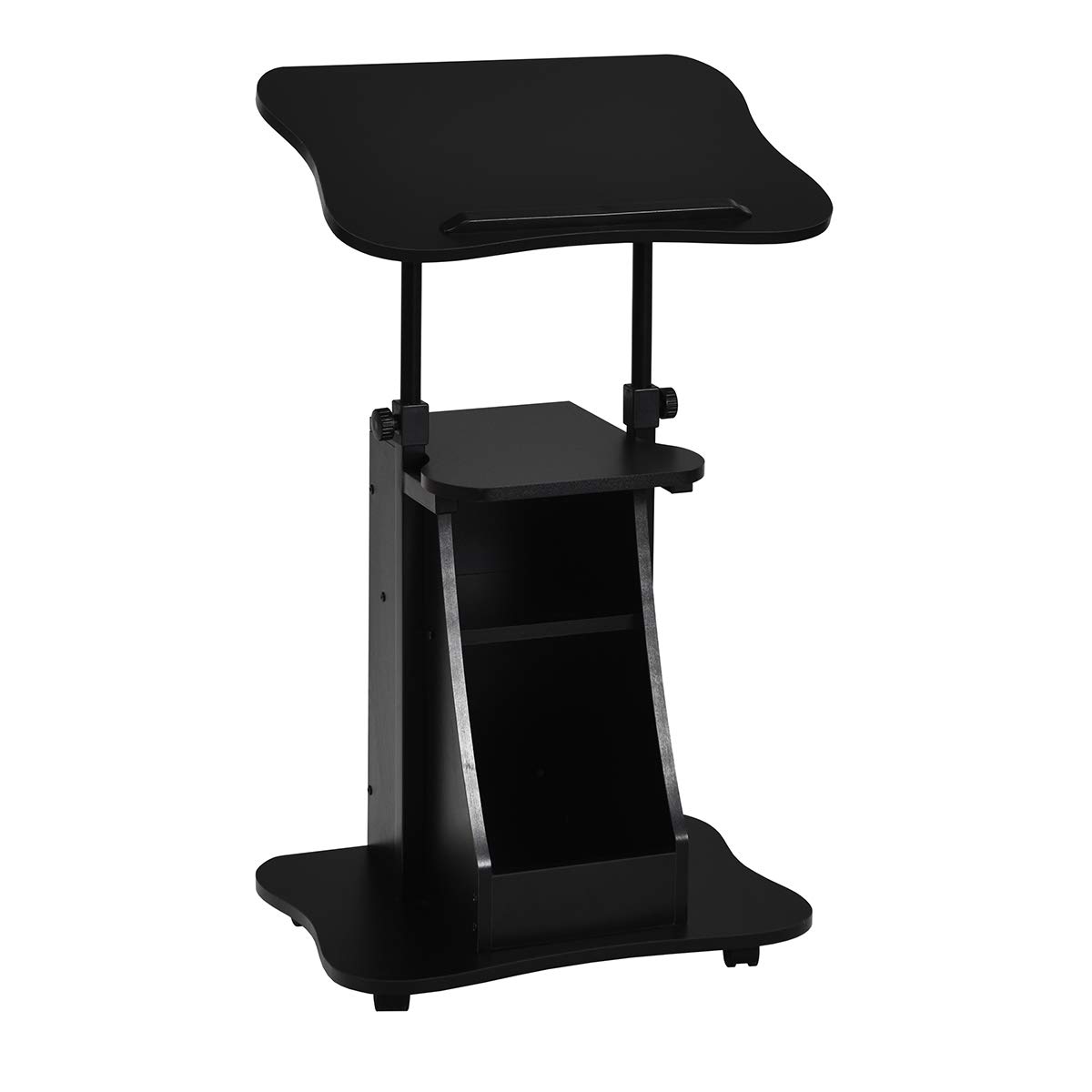 powerstone sit to stand mobile lectern teacher podium portable height adjustable podium stand rolling laptop desk cart with storage shelf swivel top for classroom concert church