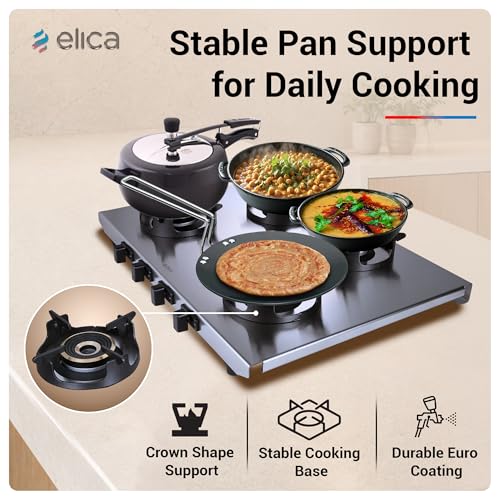 Image of Elica 4 Burner 2mm Stainless Steel Gas Stove | INOX HD 4B 69 | 69cm Layout, Forged Brass Burners - 1 Jumbo 1 Medium 1 Small Burners, Crown Shape Pan Support, 2 Yr Warranty