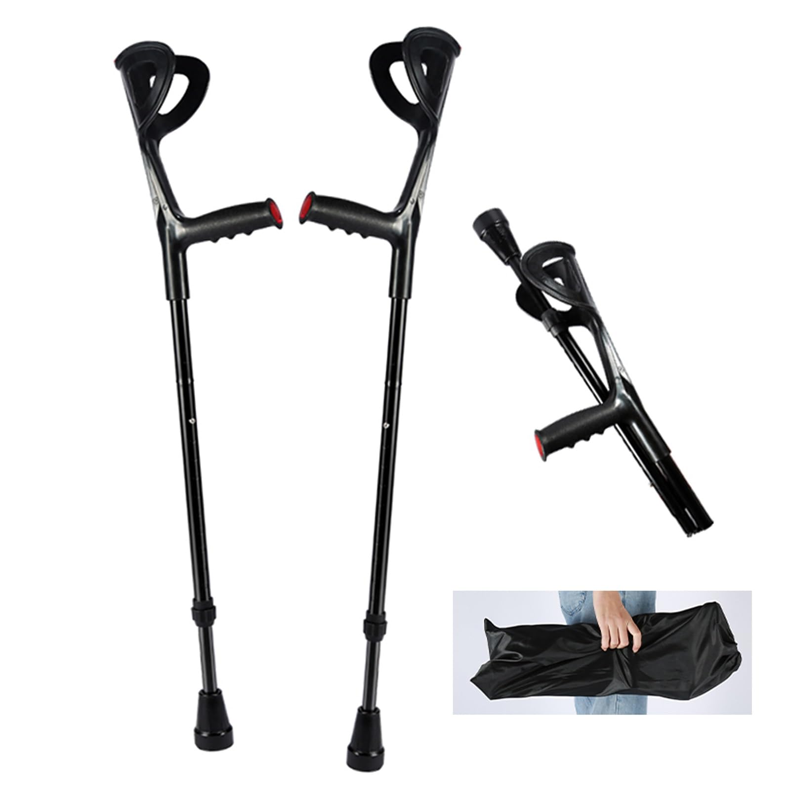 Muletas Plegables para Viajes, muletas de antebrazo Plegables para Adultos, muletas de Altura Ajustable para Caminar (Color: 2 Piezas Negras)