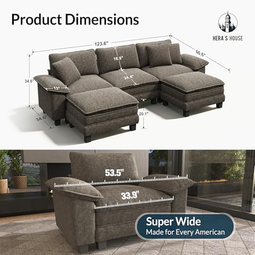 Image of HERA'S HOUSE 124 inch Oversized Modular Sectional U Shaped Sofa,Chenille Ash | 5-Seater Living Room Couches, Wider Armrest and Deep Seat, Comfy Cloud Couch with Ottoman, Light Gray