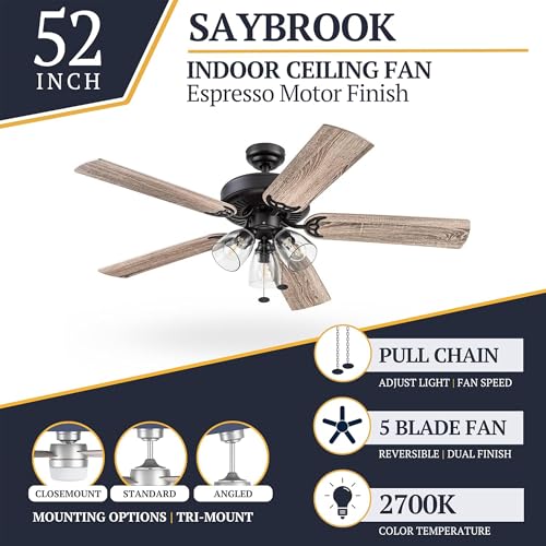 Image of Prominence Home Saybrook 52 Inch Farmhouse LED Indoor Ceiling Fan with Light, Pull Chain Control, 5 Dual Finish Blades, Reversible Motor, Bronze