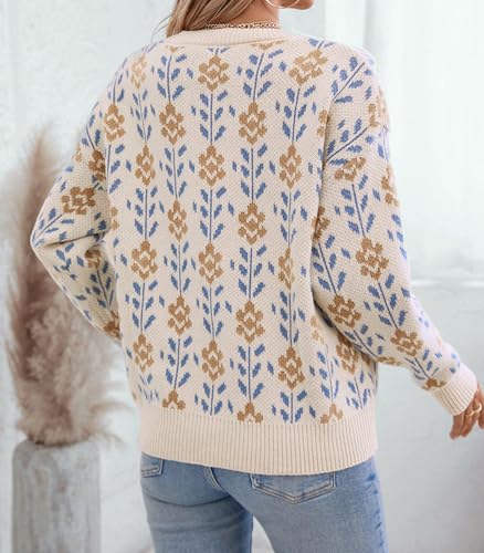 Womens Trendy Floral Sweaters Flower Printed Crewneck Knit Sweater Cute Loose Long Sleeve Fashion Pullover Tops3