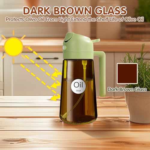 Image of YARRAMATE 16oz /470ml 2 in 1 Oil Sprayer for Cooking with Stickers, Dark Amber Food-Grade Olive Oil Dispenser Bottle for Kitchen, Air Fryer, Grill - Light Blockage (Green)