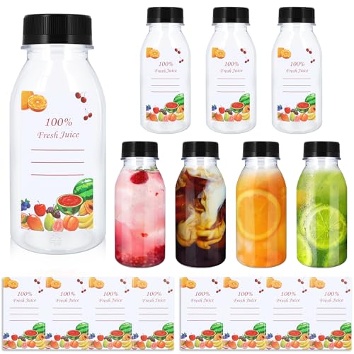 8 Stück 200ml Shot Flaschen zum Befüllen,Wiederverwendbar Leere Plastikflaschen mit Schwarzer Deckel und 8 Aufklebern,Transparent Saftflaschen zum Befüllen für Kühlschränke,Entsafter,Saftpressen