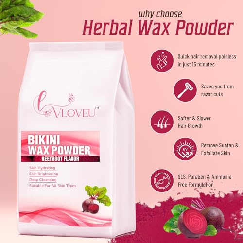 Image of VLOVEU - Bikini Wax Powder For Women - 5 Minutes Painless Herbal Wax Powder|Easy To Use At Home, No Chemicals - No Irritation, Bikini Wax For Women And Girls (120G) (Beetroot, Pack Of 1),