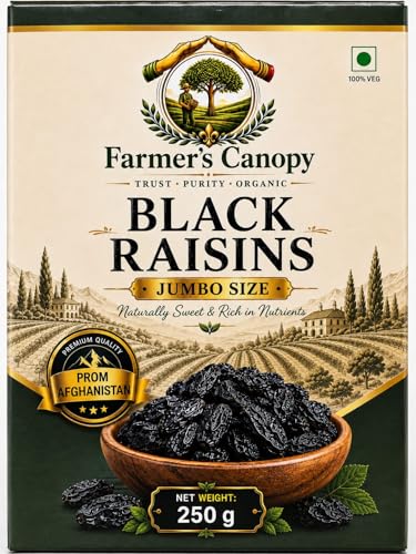 Image of Farmer's Canopy Black Seedless Raisins Jumbo Size 250g | Premium Afghan Black Kishmish | Naturally Sweet Sun-Dried Raisins | Rich in Antioxidants | Healthy Snack for Kids & Adults | No Added Sugar