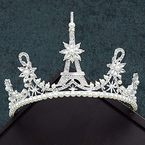 Preisvergleich Produktbild WSXEDC Haarschmuck Für Damen Krone,Märchenprinzessin Königin Krone Silber Halbkreis Imitation Perle Eiffelturm Zirkonia Blume Stirnbänder Für Mädchen Haarschmuck Braut Hochzeit Geburtstagsfeier Pro