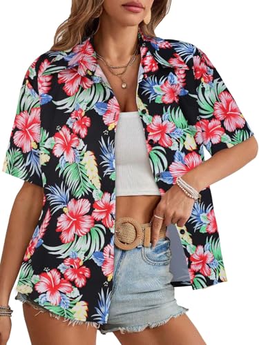 Image of Women Hawaiian Shirt Button Down Summer Tops Beach Short Sleeve Blouse