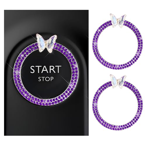Image of DXNQ 2PCS Bling Ring Emblem, Sparkling Butterfly Car Buttons and Knobs Ring, Girly Butterfly Diamond Car Engine Start Button Cover, Key Ignition Knob Rings Decoration for Women (Purple, Double Row)