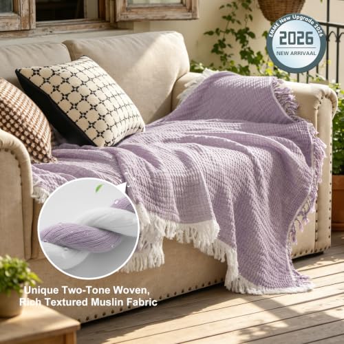 Image of EMME Muslin Queen Blanket with Tassels, 100% Cotton Gauze, Purple, 80 inchx90 inch | Soft Breathable Gauze Throw, Lightweight, Cozy for Adults Couch Sofa Bed, Gifts for Women Mom, Boho Home Decor, All Season