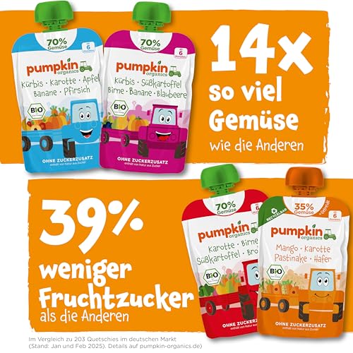Pumpkin Organics Bio Gemüse-Getreide-Quetschies 8er Pack Kürbis, Birne, Apfel, Pflaume, Hafer ohne Zuckerzusatz¹ - ab 8 Monaten - als Snack oder Beikost für unterwegs (8x100g)