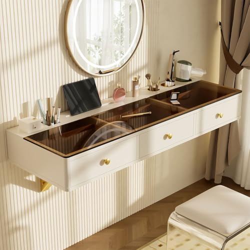 47 Wall-Mounted Floating Vanity Table Floating Shelf with Drawers & Storage Holes Multi-Purpose Makeup Station Hairdressing Desk or Study Table with Glass TopBlack product thumbnail 10