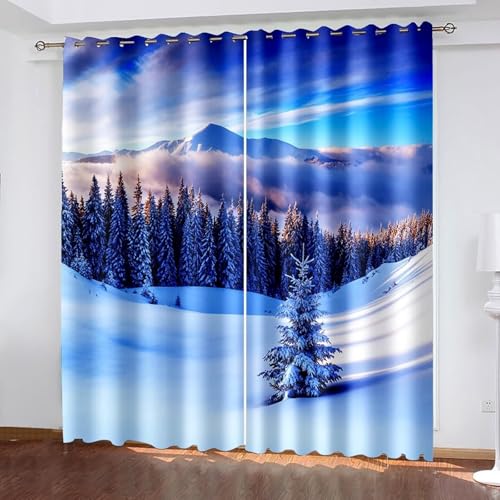 Cortinas azul gris para dormitorio con estampado de bosque nevado vintage en dos paneles 2