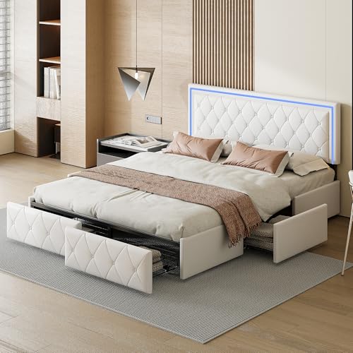 Cama tapizada de 140 x 200 cm con cabecero LED, cama doble con 4 cajones de almacenamiento, cama juvenil, cama funcional con somier para dormitorio, sin colchón, blanco, poliuretano