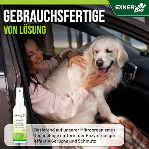 Exner Bio Geruchsentferner & Fleckenentferner - Mit Mikroorganismen gegen Flecken und Gerüche - für Haustiere, Haushalt und Ihr Auto, 100% natürlich & schonend - 100 ml Sprühflasche