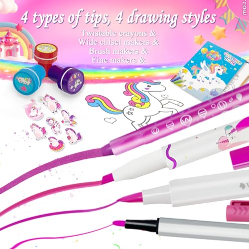 Image of weirtoya 56 PCS Washable Scented Markers with Glitter Pencil Case, Mermaid Unicorn Arts and Crafts for kids 4-6-8 Kids Coloring Drawing Kits for 4-8 Years Old Girls Xmas Gifts Stocking Stuffers