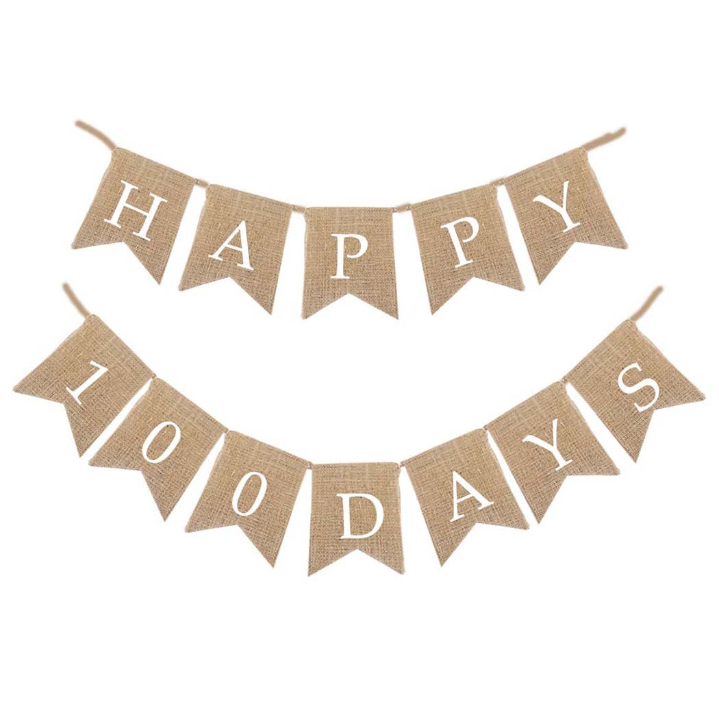Borsgye Happy 100 Days Burlap Bunting Banner Swallowtail Flag Handwriting Baby Shower Banner Adjustable DIY Decoration for Baby Welcome Sign Baby Photo Prop Gender Reveal Party Supplies