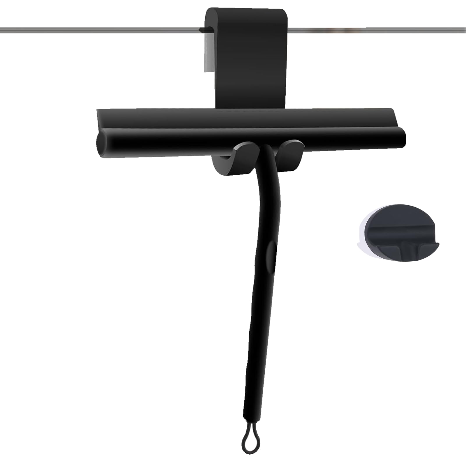 Squeegee for Shower Glass Doors, Resilient Loop - No-Drill &amp; Adhesive Hook, Silicone Shower Squeegee with Stainless Steel Core, Cleaning Tool for Home, Kitchen, Bathroom &amp; Car - Black