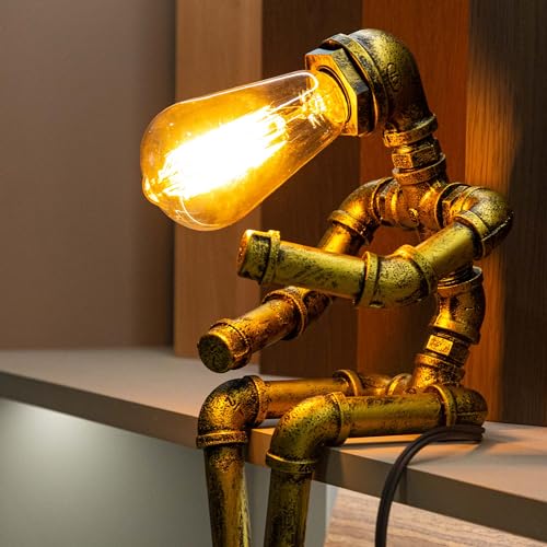 Image of Steampunk Table Lamp, Vintage Industrial Metal Robot Table lamp, Water Pipe Table Lamp, Steam Punk Pipe Lamp Style Desktop Light for Bar Cafe Desktop Room Decoration