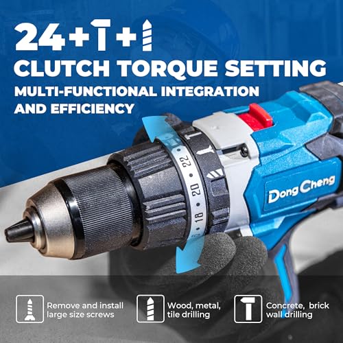 Image of Dong Cheng 20V Brushless Hammer Drill Bare Tool, 1062 in-lbs, 1 /2 inch Keyless Metal Chuck, 24+1+1 Clutch, Cordless Hammer Drill with 4.0Ah Battery Kit for Drilling Brick Wall, Metal, Wood (Bare Tool)