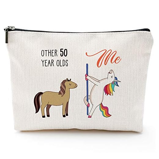 Blue Leaves 50th Birthday Gifts for Women - 1973 Birthday Gifts for Women, 50 Years Old Birthday Gifts Makeup Bag for Mom, Wife, Friend, Sister, Her, Colleague, Coworker(Makeup bag-50th Unicorn)