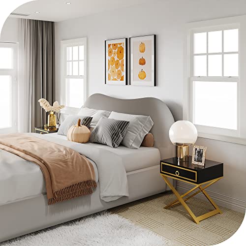 DWVO Modern Black Nightstand with Drawer Solid Wood Small Bedside Table Gold Metal Frame Fully Assembled End Table for Living Room Bedroom
