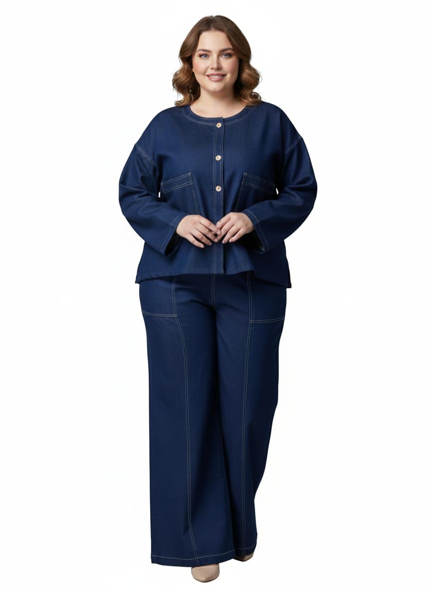 Women’s Denim Top and Pant Co-Ord Set | Relaxed Fit Casual Outfit (IN, Alpha, XL, Blue)-image-20