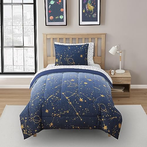 Image of Kids Bedding Set Bed in a Bag for Boys and Girls Toddlers Printed Sheet Set and Comforter, Twin, Galaxy